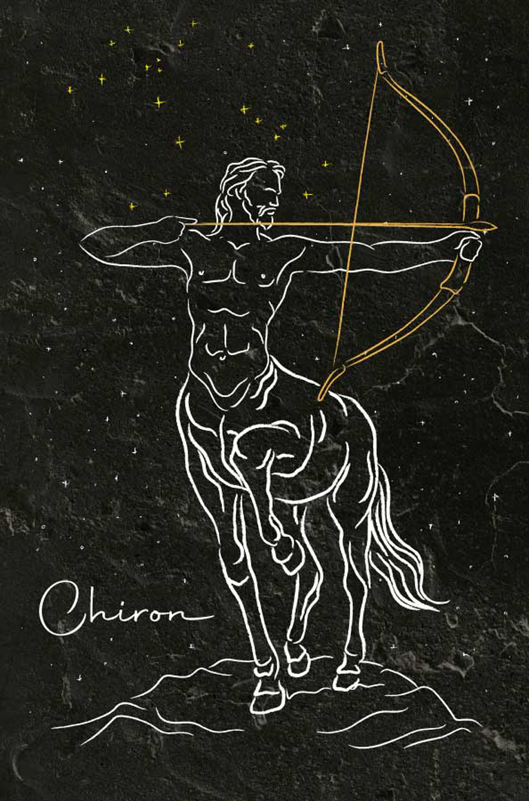 Minimal one-line illustration of Chiron from Greek mythology that decorate a themed hotel. Design by The Blank Sheep