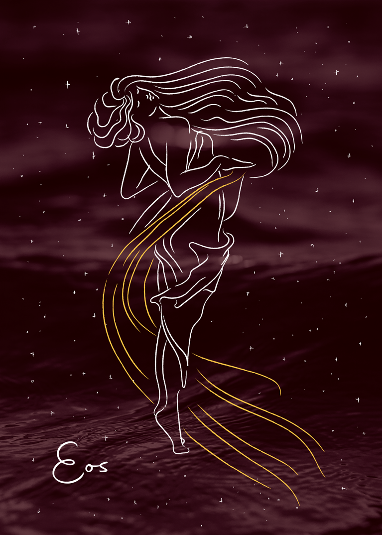 Minimal line llustration of Eos-the dawn in Greek mythology that decorate a themed hotel. By The Blank Sheep