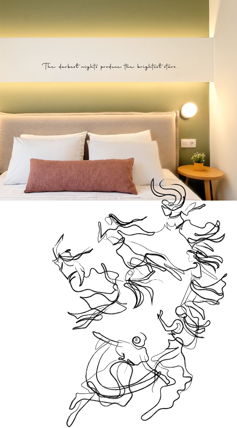 Minimal one-line illustration and quote that decorate a themed hotel. Design by The Blank Sheep