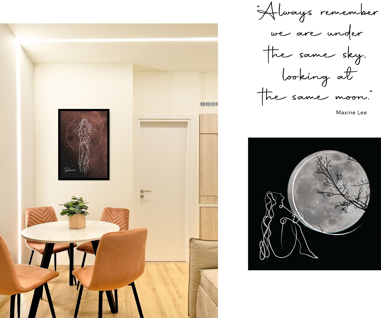 Illustrations and quotes that decorate a themed hotel with the concept of the moon. Design by The Blank Sheep