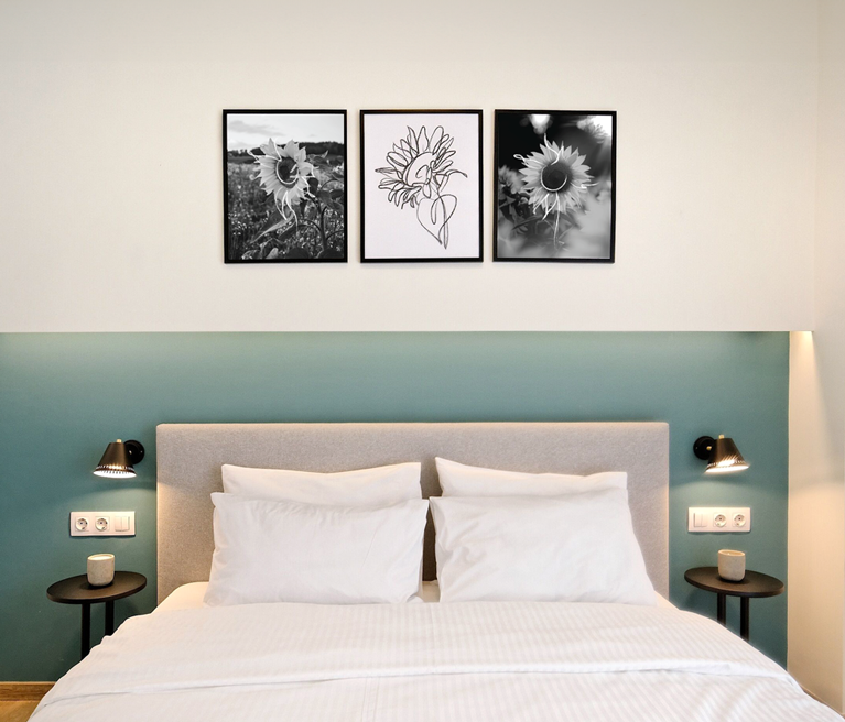 Graphics and illustrations of sunflowers that decorate a themed hotel in Athens. Design by The Blank Sheep