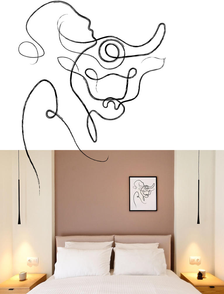 Minimal one-line illustration that decorate a themed hotel in Athens. Design by The Blank Sheep