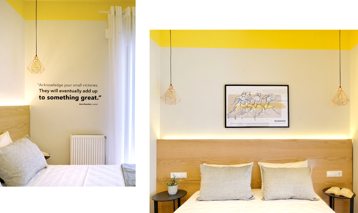Wall art illustration and typography, part of the Olympic Spirit series that decorate a hotel's interior. By The Blank Sheep.