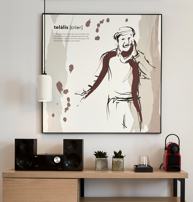Wall art illustration of a crier that decorate a themed hotel with the concept of old occupations. By The Blank Sheep