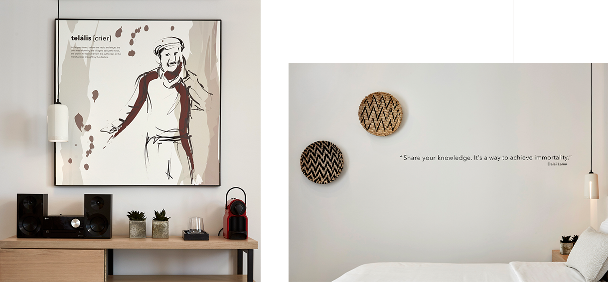 Wall art illustration of a crier and quote that decorate a themed hotel in Mykonos. By The Blank Sheep