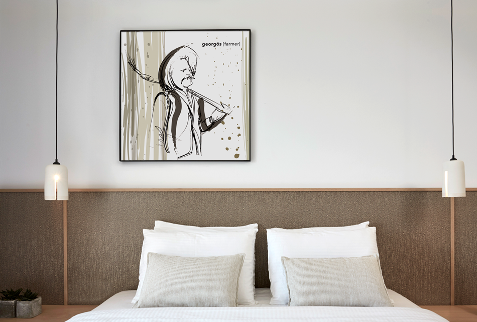 Wall art illustration of a farmer that decorate a themed hotel in Mykonos. Designed by The Blank Sheep