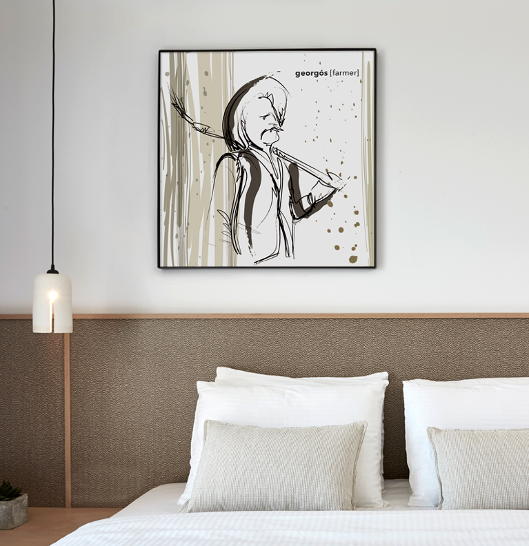 Wall art illustration of a farmer that decorate a themed hotel in Mykonos. Designed by The Blank Sheep