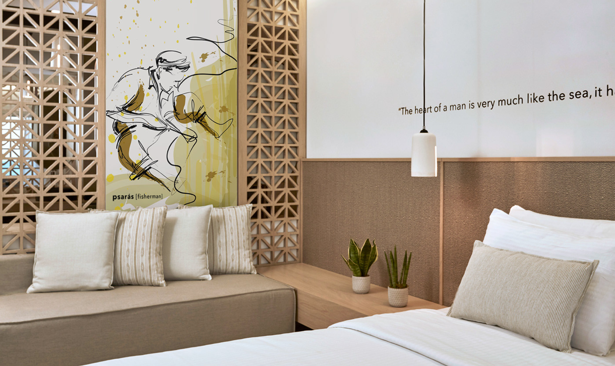 Wall art illustration of a fisherman that decorate a themed hotel in Mykonos. Designed by The Blank Sheep