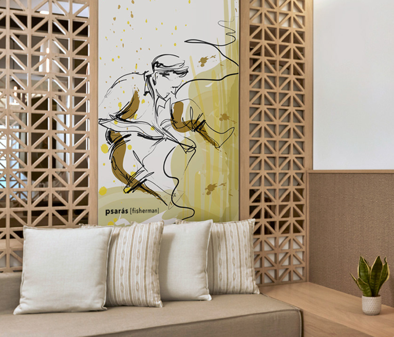 Wall art illustration of a fisherman that decorate a themed hotel in Mykonos. Designed by The Blank Sheep