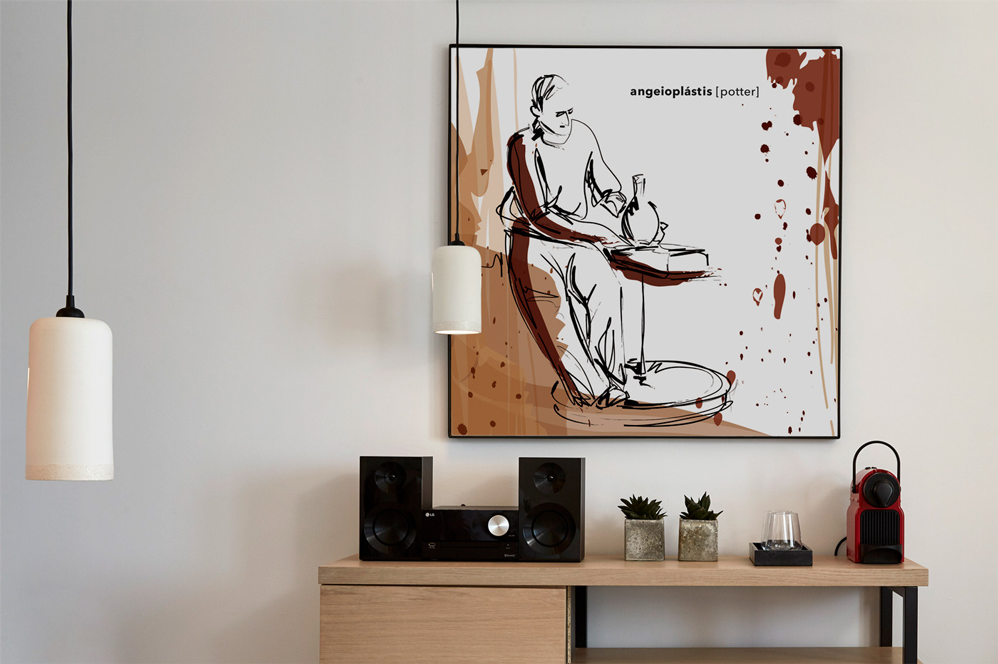 Wall art illustration of a potter that decorate a themed hotel in Mykonos. Designed by The Blank Sheep