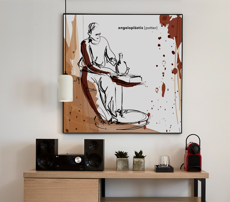 Wall art illustration of a potter that decorate a themed hotel in Mykonos. Designed by The Blank Sheep