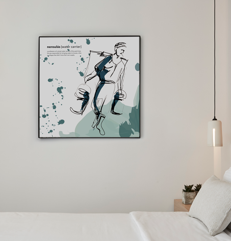 Wall art illustration of a water-carrier that decorate a themed hotel in Mykonos. Designed by The Blank Sheep