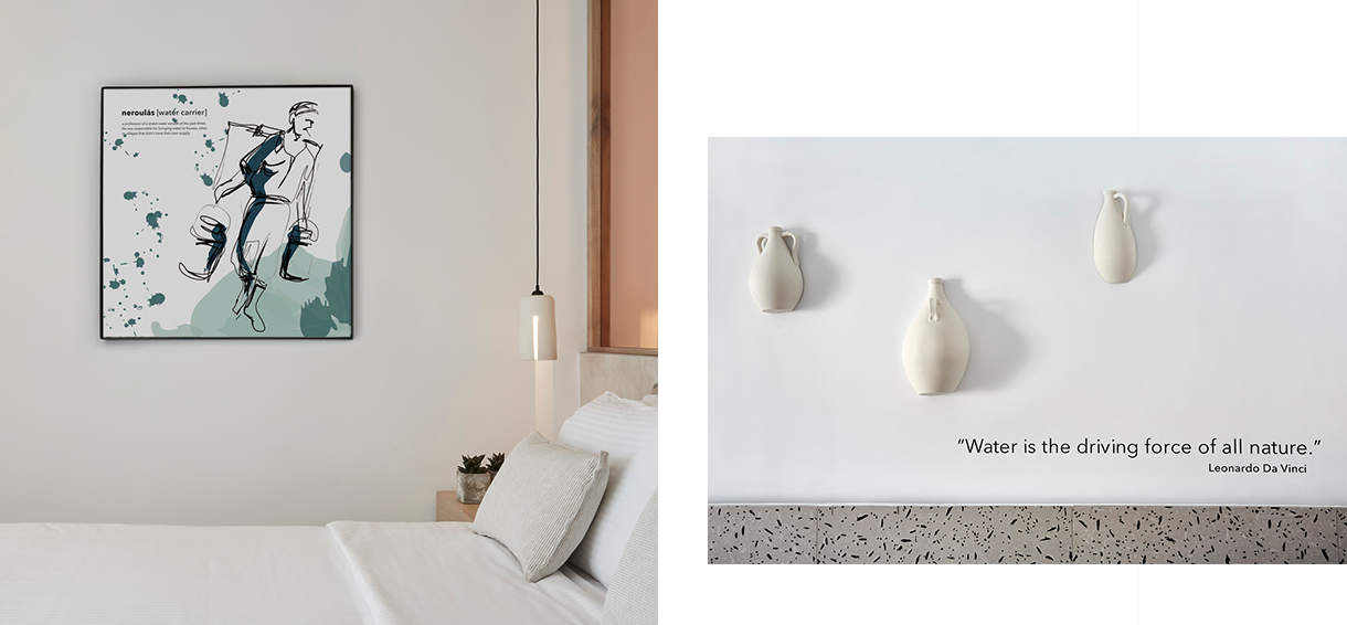 Wall art illustration and quote that decorate a themed hotel in Mykonos. By The Blank Sheep