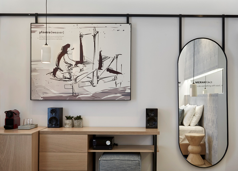 Illustration of a weaver that decorate a themed hotel in Mykonos with the concept of old occupations. By The Blank Sheep